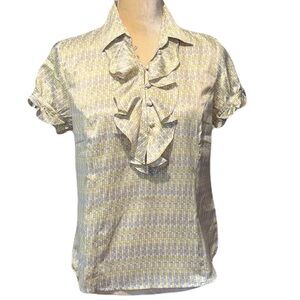 Worthington Soft Yellow and Gray Lightweight Ruffled Shirt Blouse Sleeves Size 6